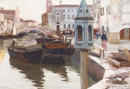 Pieretto Bianco - A Venetian canal with figures on the quay