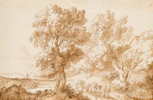Pierfrancesco Cittadini - Deux voyageurs sur un chemin avec chevaux et moutons dans un paysage arboré