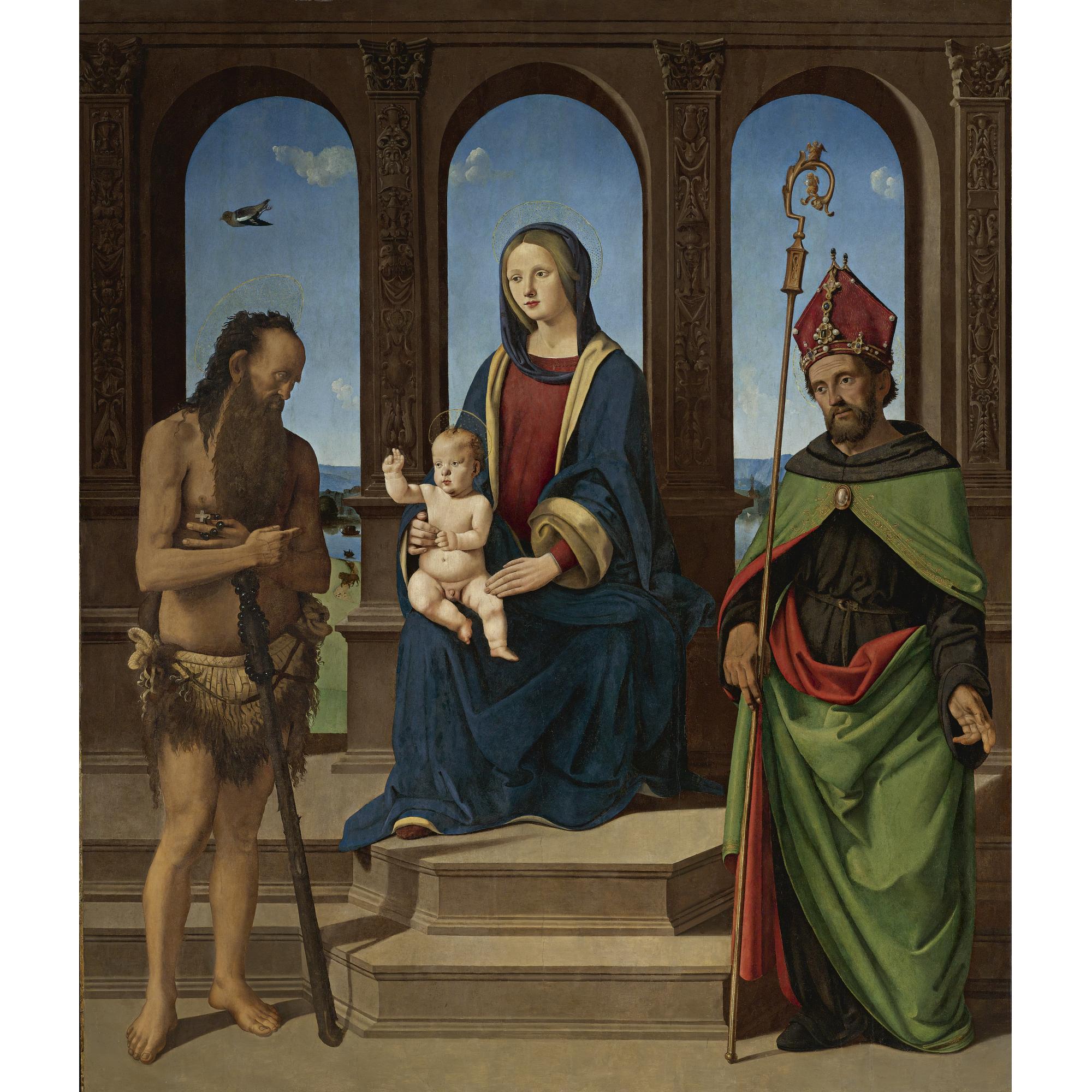 Piero Di Cosimo - The Madonna And Child Enthroned With Saints Onophrius And Augustine
