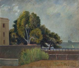 Piero Marussig - Scorcio marino con nave sullo sfondo