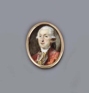 Pierre Adolphe Hall - Prince Galitzin, facing left in red coat with silver facings, gold waistcoat and lace cravat, powdered wig en queue