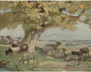 Pierre Adolphe Valette - Sheep Grazing Under A Tree