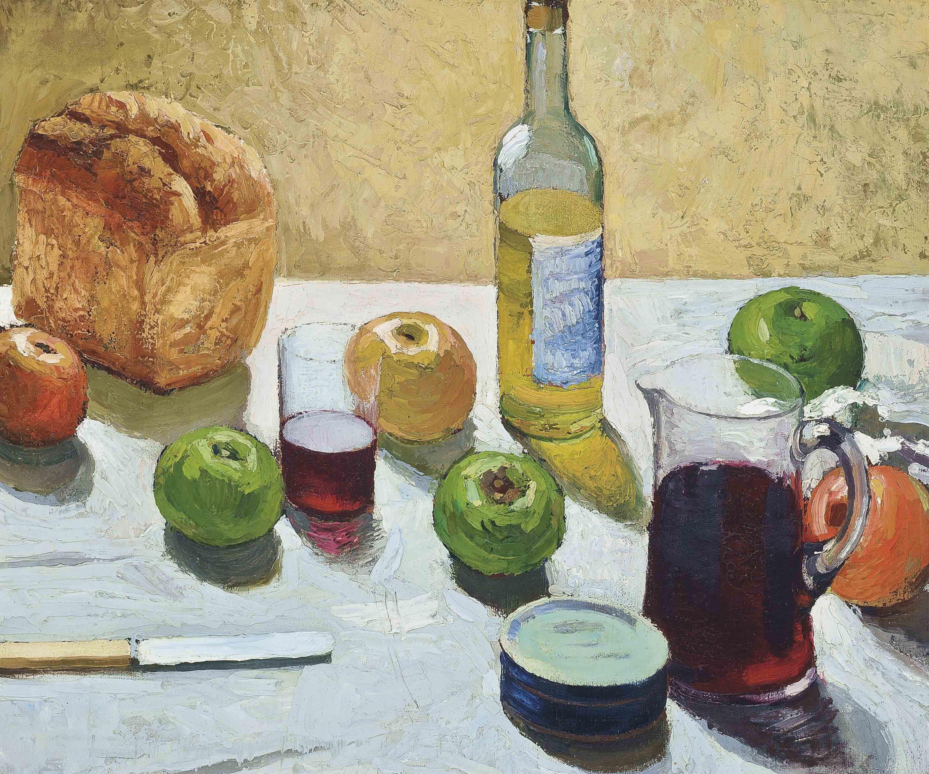 Pierre Adolphe Valette - Still life with bread and wine