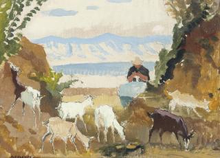 Pierre Adolphe Valette - Woman Knitting, with Goats