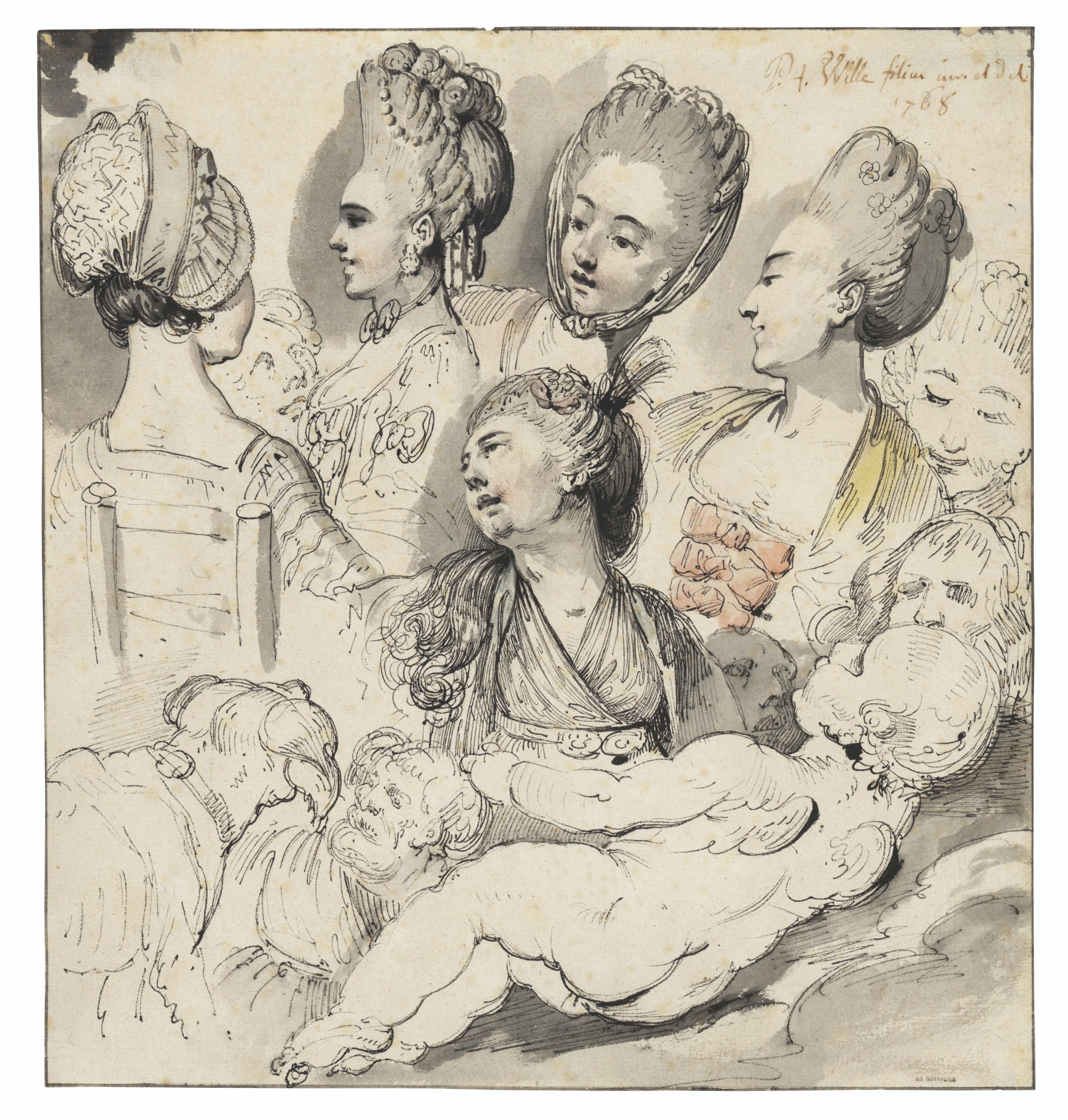 Pierre-Alexandre Wille - A group of elegantly coiffured ladies, Cupid, a dog and an old man in the foreground