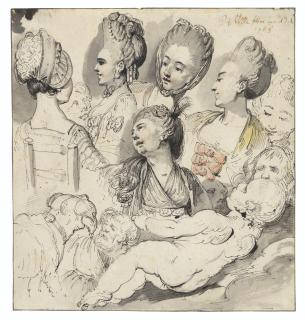 Pierre-Alexandre Wille - A group of elegantly coiffured ladies, Cupid, a dog and an old man in the foreground