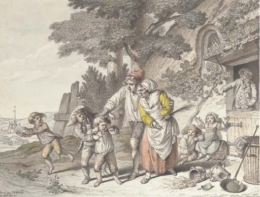 Pierre-Alexandre Wille - Children being scolded, by a thatched house