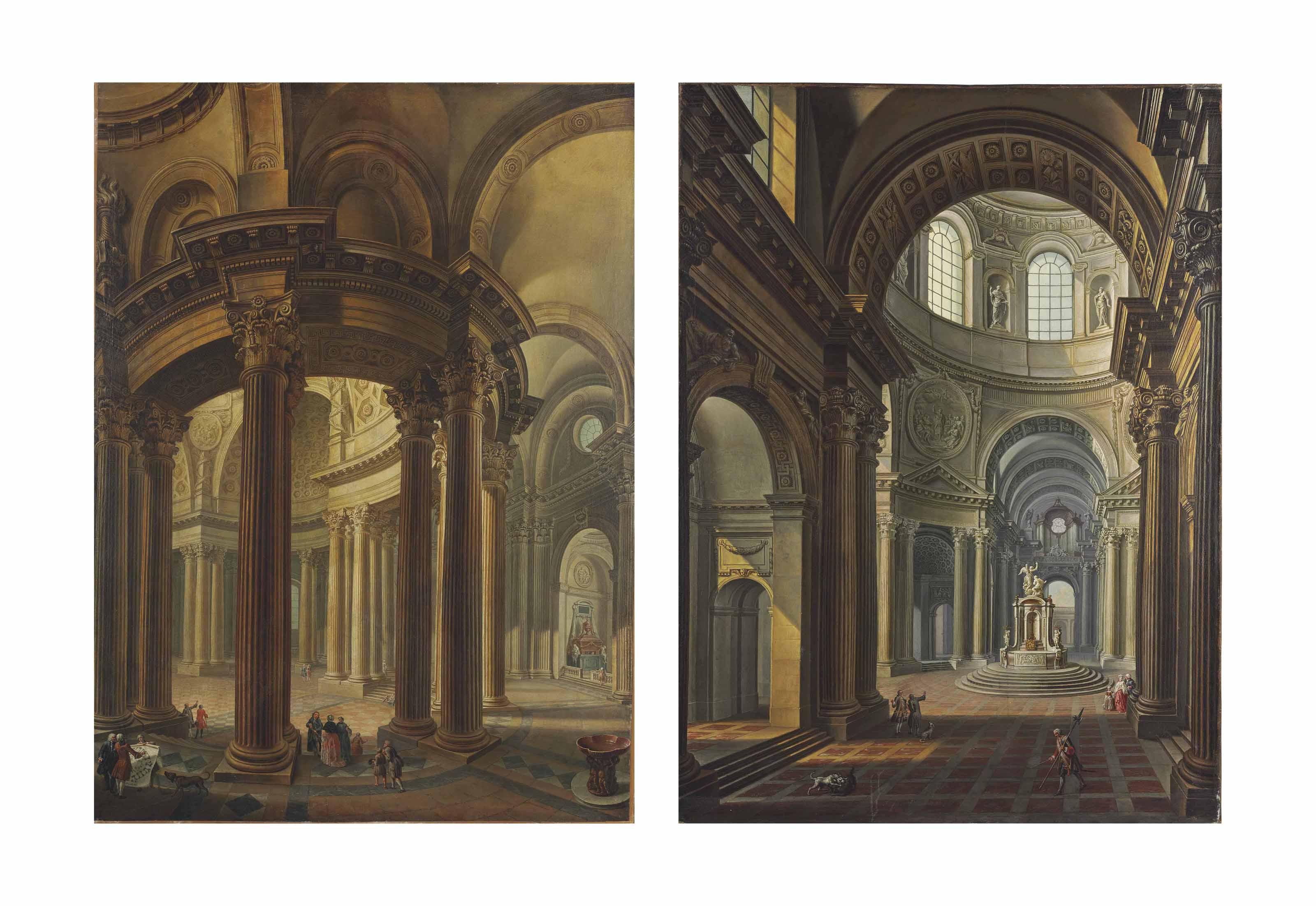 Pierre-Antoine Demachy - A Cathedral Interior With Architects Working; And A Cathedral Interior With A Baptismal Font And Figures