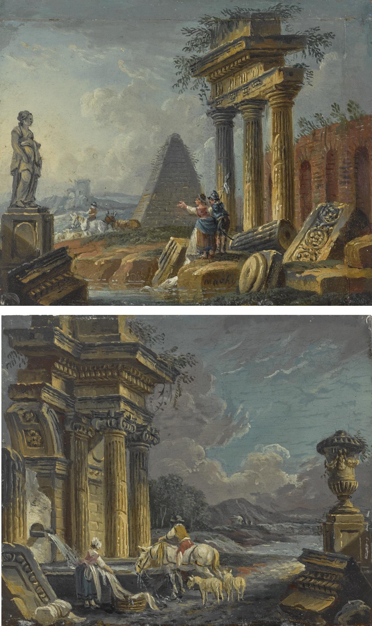 Pierre-Antoine Demachy - An Architectural Capriccio With A Marble Sculpture And Figures; And An Architectural Capriccio With Figures Resting By The Gentle Cascade Of Water Over The Stone