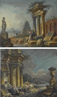 Pierre-Antoine Demachy - An Architectural Capriccio With A Marble Sculpture And Figures; And An Architectural Capriccio With Figures Resting By The Gentle Cascade Of Water Over The Stone
