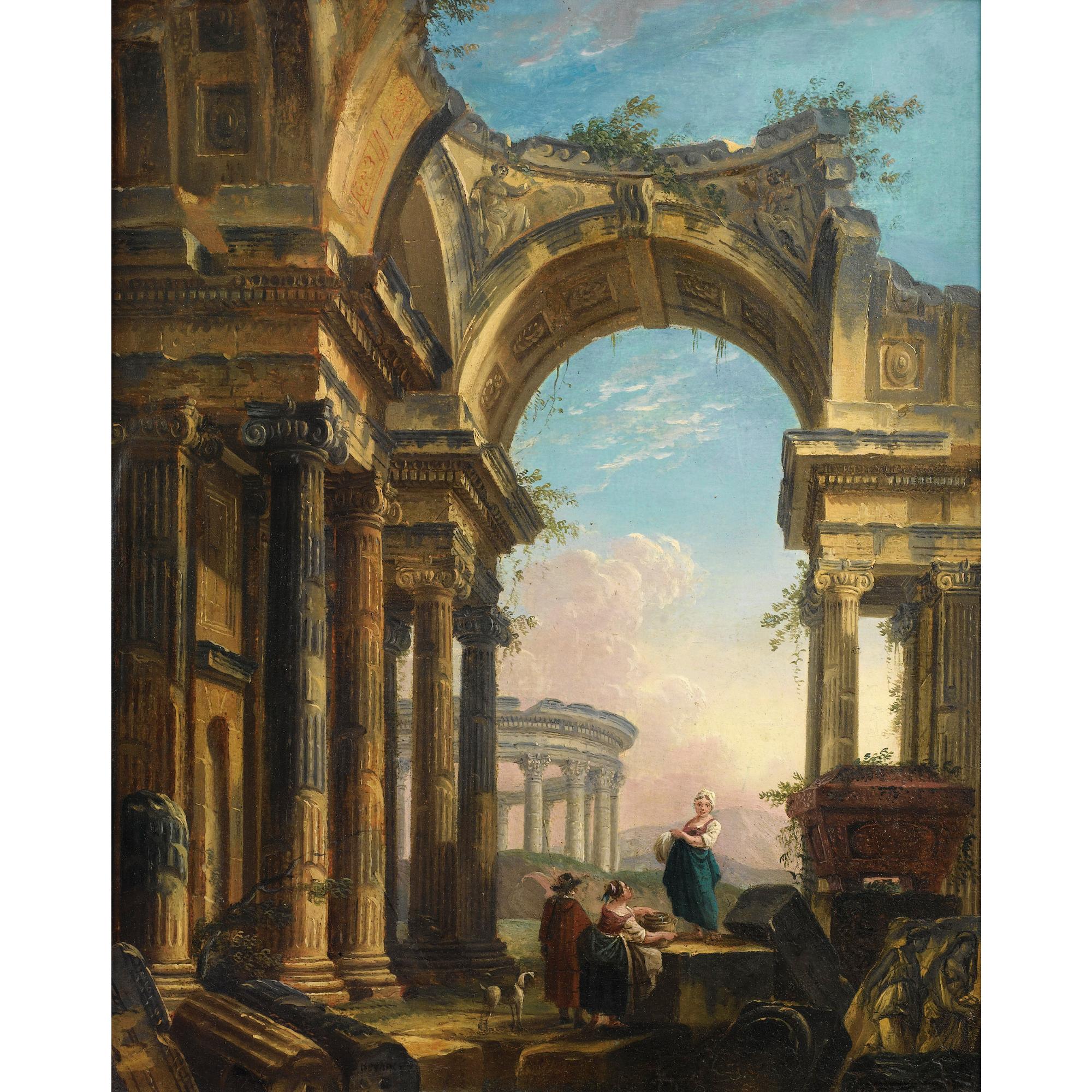 Pierre-Antoine Demachy - Lavandières Dans Un Paysage De Ruines Romaines Avec Un Temple De Vesta