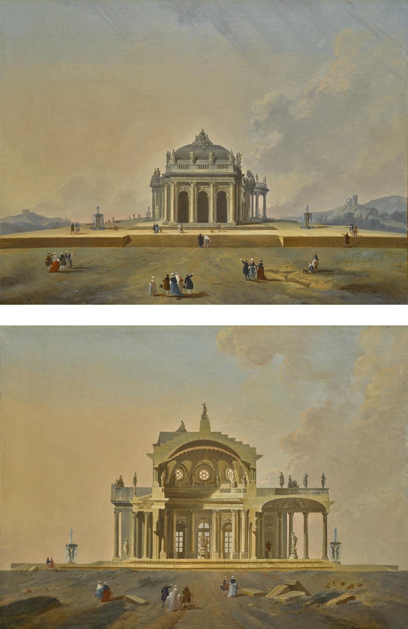 Pierre-Antoine Demachy - Two Fantastical Architectural Studies With Figures  