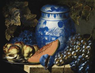 Pierre-Antoine Lemoine - Nature Morte Aux Raisins, Plat De Pêches Et Potiche Chinoise Sur Un Entablement En Pierre
