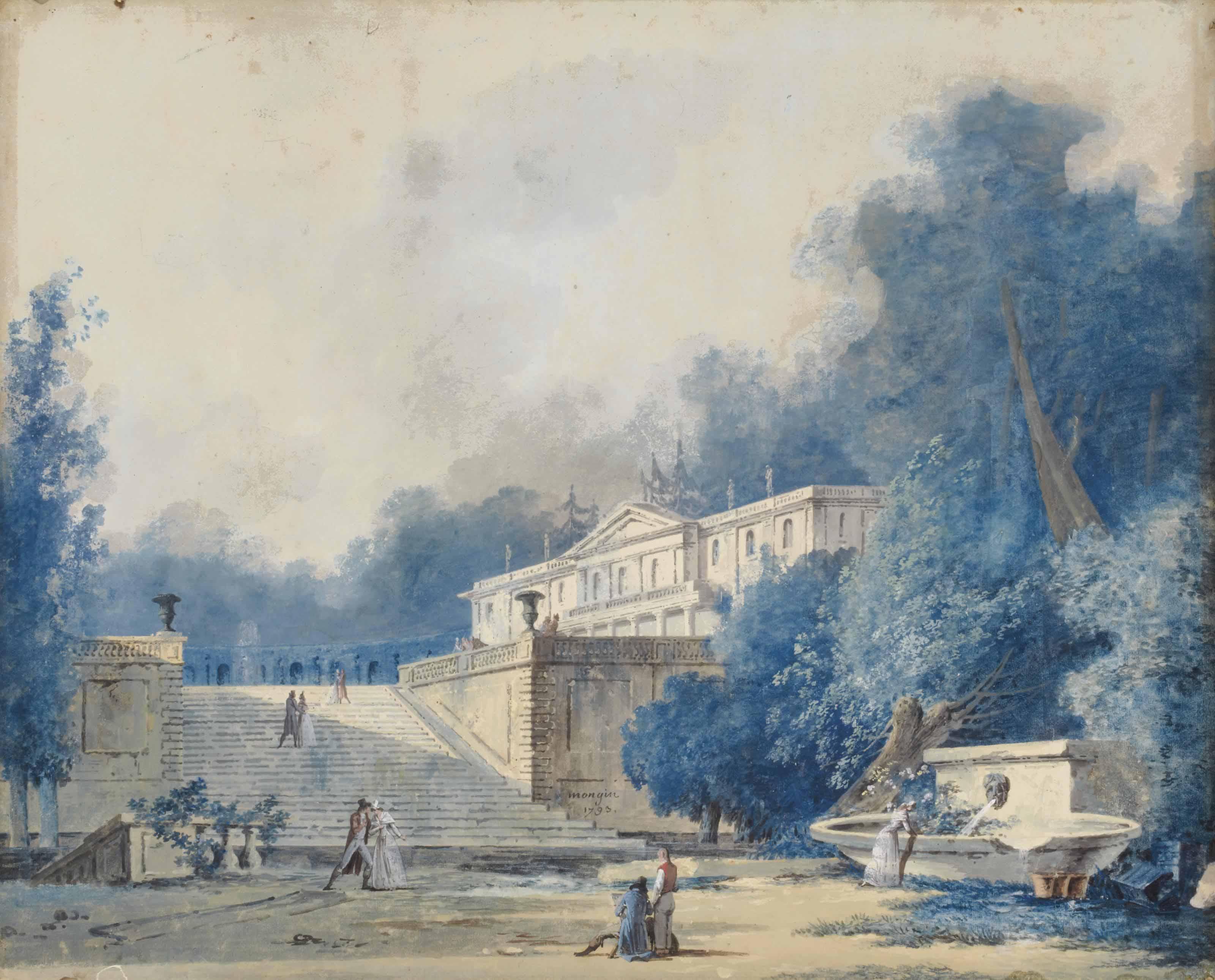 Pierre-Antoine Mongin - Demeure Dans Un Parc, Des Promeneurs Au Premier Plan