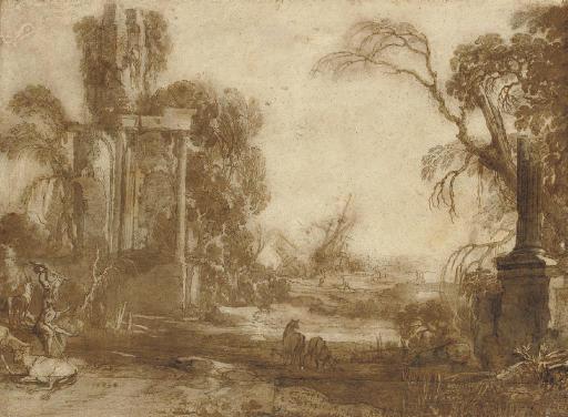 Pierre-Antoine Patel I - A capriccio with livestock and peasants among ruins, a shipwreck seen beyond