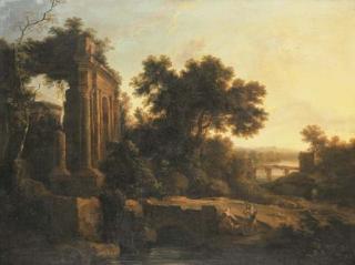 Pierre-Antoine Patel II - An Italianate landscape with classical ruins and figures conversing by a bridge