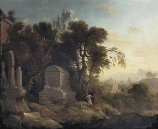 Pierre-Antoine Patel II - Pyrame and Thisbe in a wooded landscape with classsical ruins