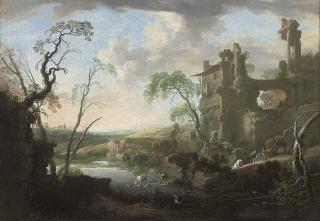 Pierre-Antoine Patel The Younger - An Italianate landscape with drovers and their herd by a river
