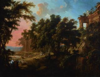Pierre-Antoine Patel The Younger - An Italianate Wooded Landscape With Ruins And A Stag Hunt Beyond