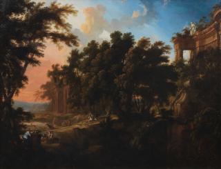 Pierre Antoine Patel The Younger - Italianate wooded landscape with ruins and a stag hunt beyond