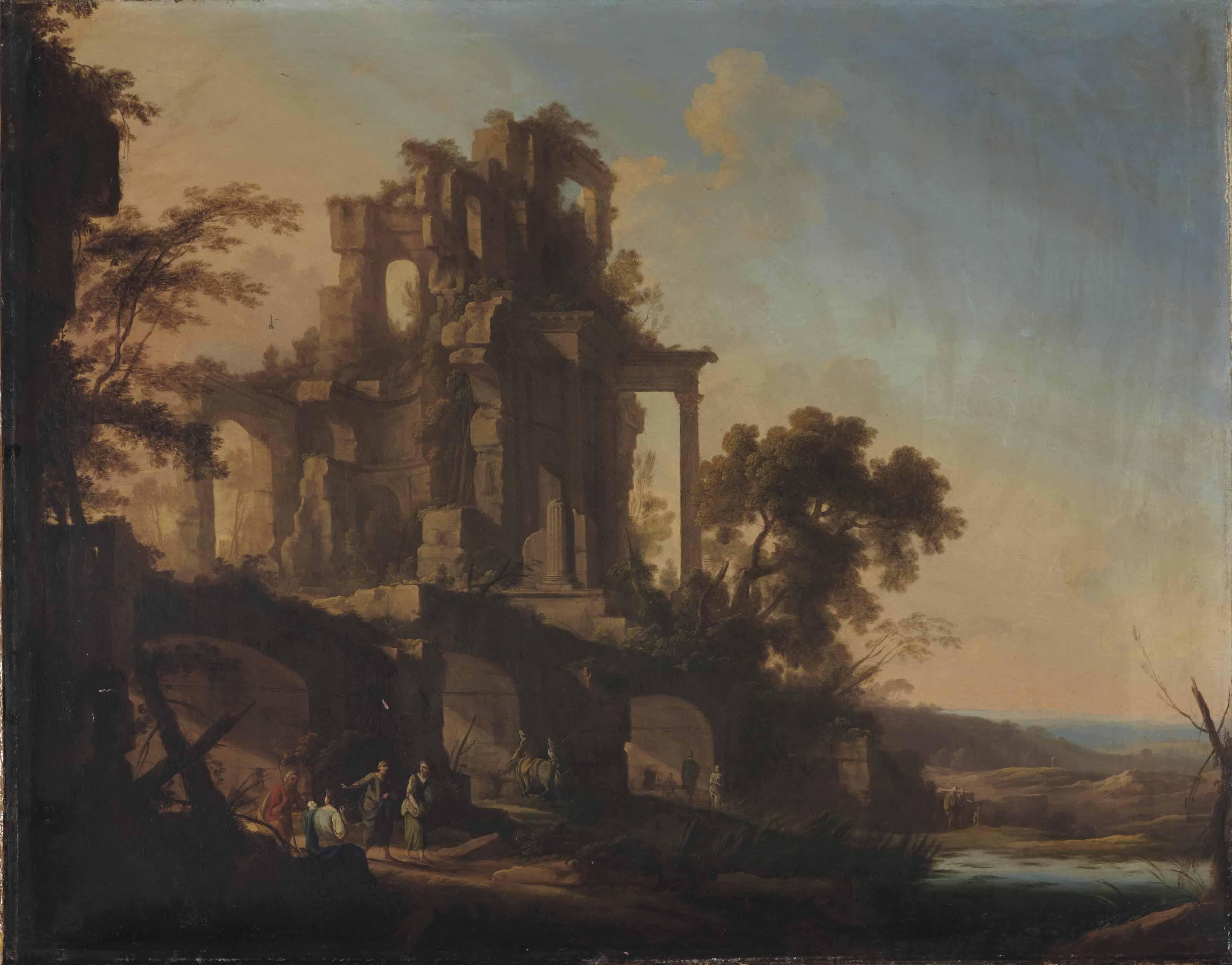 Pierre-Antoine Patel - Paysage avec un grand édifice ruiné animé de figures