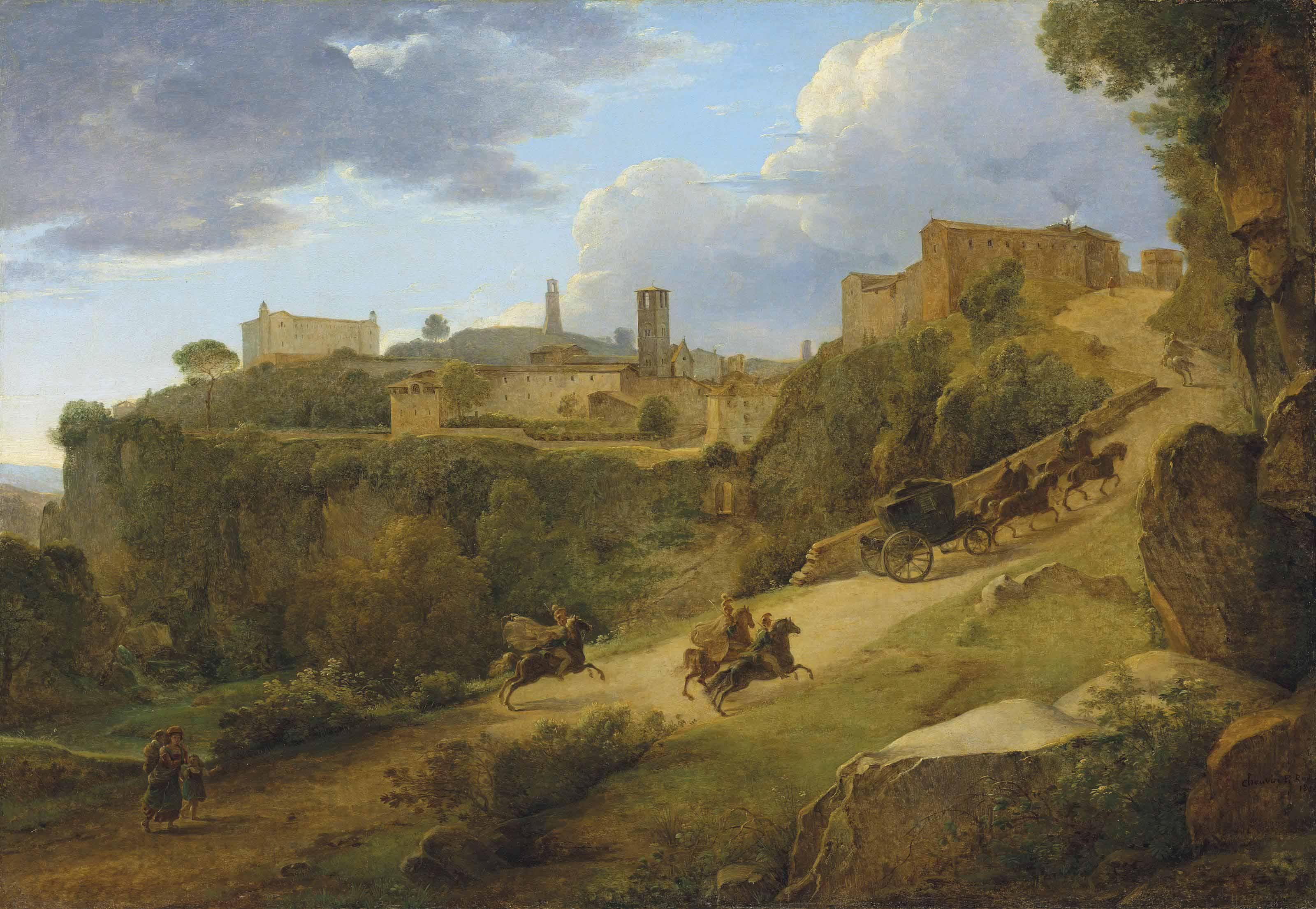 Pierre-Athanase Chauvin - An Italianate landscape with a carriage surrounded by cuirassiers entering Acquapendente