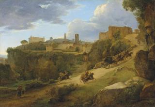 Pierre-Athanase Chauvin - An Italianate landscape with a carriage surrounded by cuirassiers entering Acquapendente