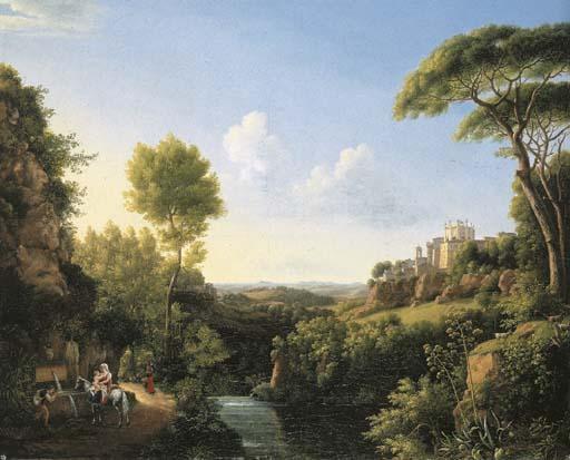 Pierre Athanase Chauvin - An Italianate landscape with travellers halting at a fountain, a castle beyond