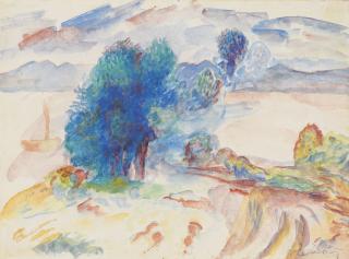 Pierre-Auguste Renoir - Arbres au bord de l\'eau et voilier