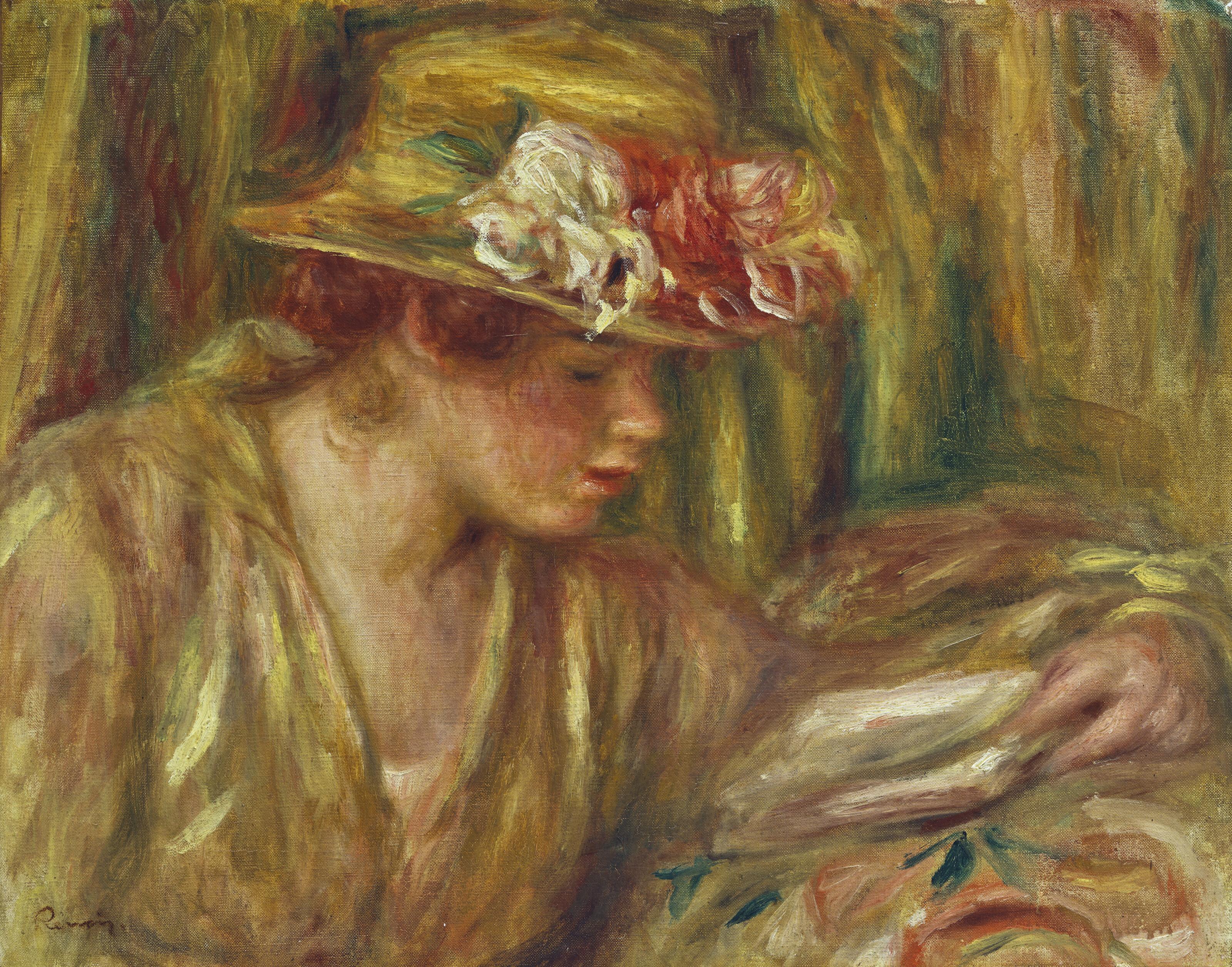 Pierre-Auguste Renoir - Buste de femme (Andrée en chapeau lisant, la tête tournée à droite)