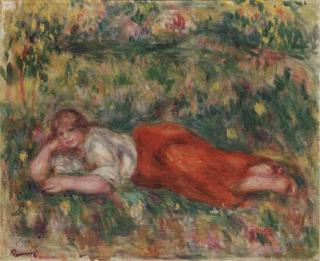 Pierre-Auguste Renoir - Femme En Rouge Et Blanc Couchée Dans L\'Herbe