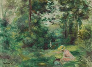 Pierre-Auguste Renoir - Femme Lisant Dans Une Clairière (Paysage, Petite Femme En Rose Au Premier Plan)