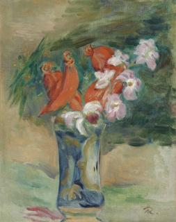 Pierre-Auguste Renoir - Fleurs rouges et blanches dans un vase or Fleurs rouges et orchidées blanches dans un vase