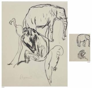 Pierre Bonnard - Un éléphant et un singe (recto); Étude d\'animaux dont un éléphant, un singe et un perroquet (verso)