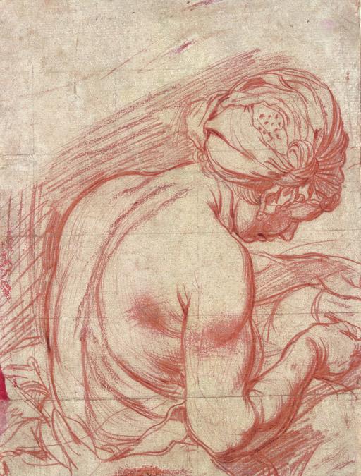 Pierre Brébiette - A seated woman, partially dressed and wearing a turban, seen half-length in profile to the right