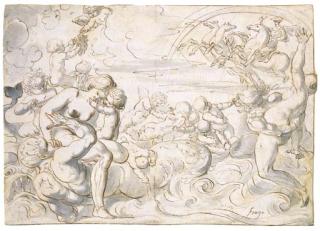 Pierre Brébiette - The Rape Of The Tanagran Women By Triton, Apollo In His Chariot In The Background (Recto); Figure Studies (Verso)