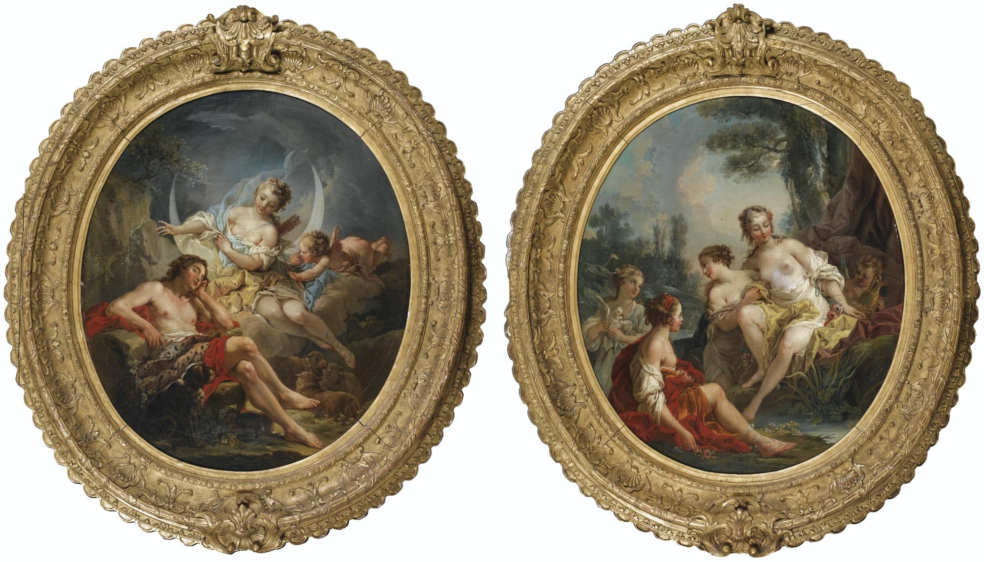 Pierre-Charles Le Mettay - Diane Et Adonis ; Vénus Au Bainpierre-Charles Le Mettay ; Diana And Adonis, Venus At Her Bath ; Diana: Signed On The Left, Venus: Bear Signature Lower Right ; Oil On Oval Canvas, A Pair