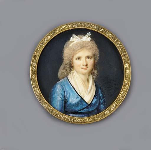 Pierre Chasselat - A young lady, facing right in black-bordered bright blue dress with embroidered white flowers, white fichu, gold hoop earrings, white ribbon in her pink powdered long curling hair