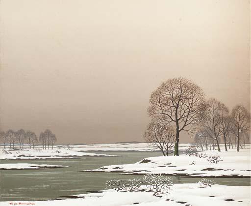 Pierre De Clausades - A snow-covered river landscape