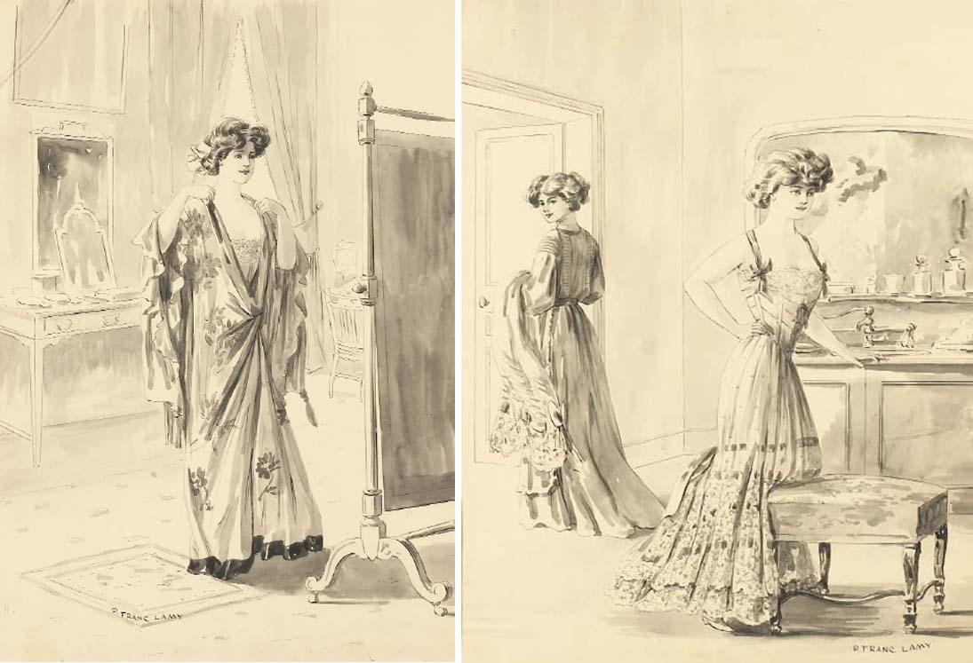 Pierre-Désiré-Eugène-Franc Lamy - Femme Vêtue D\'Une Robe Chinoise Se Regardant Dans Un Miroir; Et Une Femme Appuyée À Un Meuble De Toilette, Une Autre Sortant