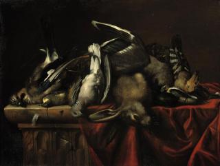 Pierre Dupuis - A hare, a jay, a partridge, a duck and other birds, all on a draped marble ledge