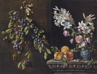Pierre Dupuis - Branches Of Plums Tied With A Ribbon And Suspended From A Nail, With Lilies And Roses In A Blue And White Porcelain Vase, On A Sculpted Ledge With Pomegranates And Grapes