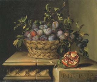 Pierre Dupuis - Corbeille de prunes et grenade sur un entablement sculpté
