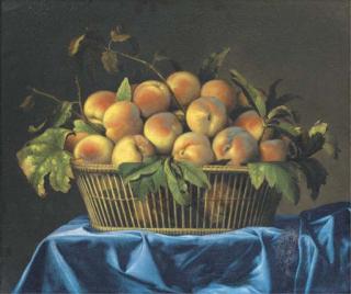 Pierre Dupuis - Peaches in a wicker basket on a draped table