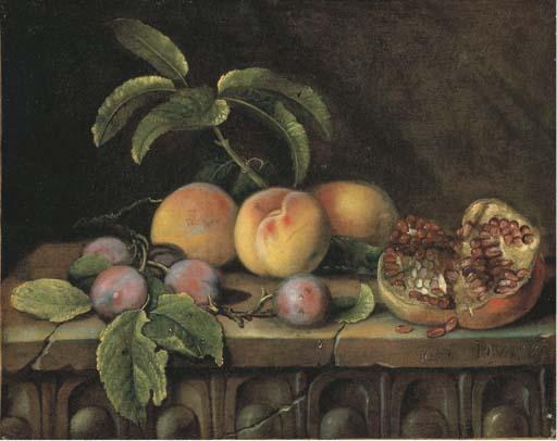 Pierre Dupuis - Pêches, Prunes Et Grenade Sur Un Entablement En Pierre
