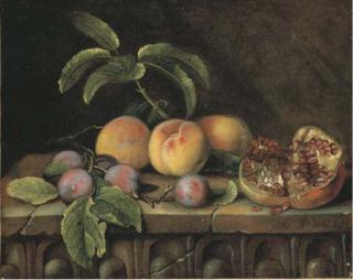 Pierre Dupuis - Pêches, Prunes Et Grenade Sur Un Entablement En Pierre