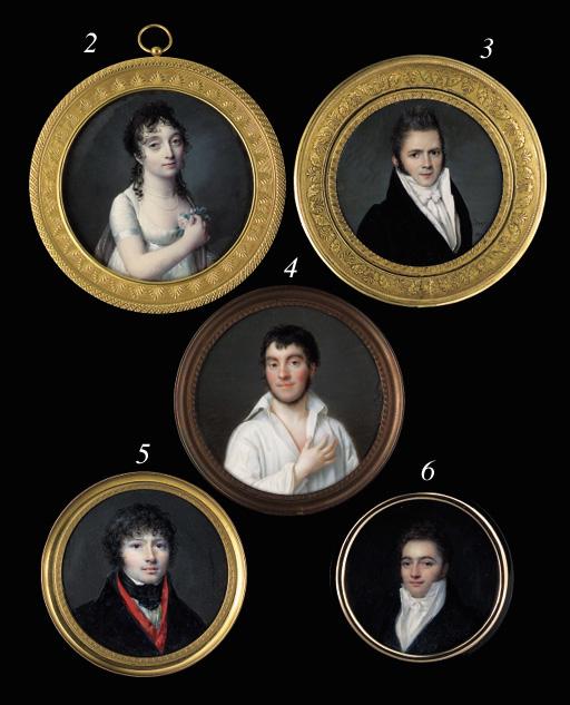 Pierre-Édouard Dagoty - A young gentleman, facing right in black coat, white waistcoat and tied cravat, short dark hair and sideburns