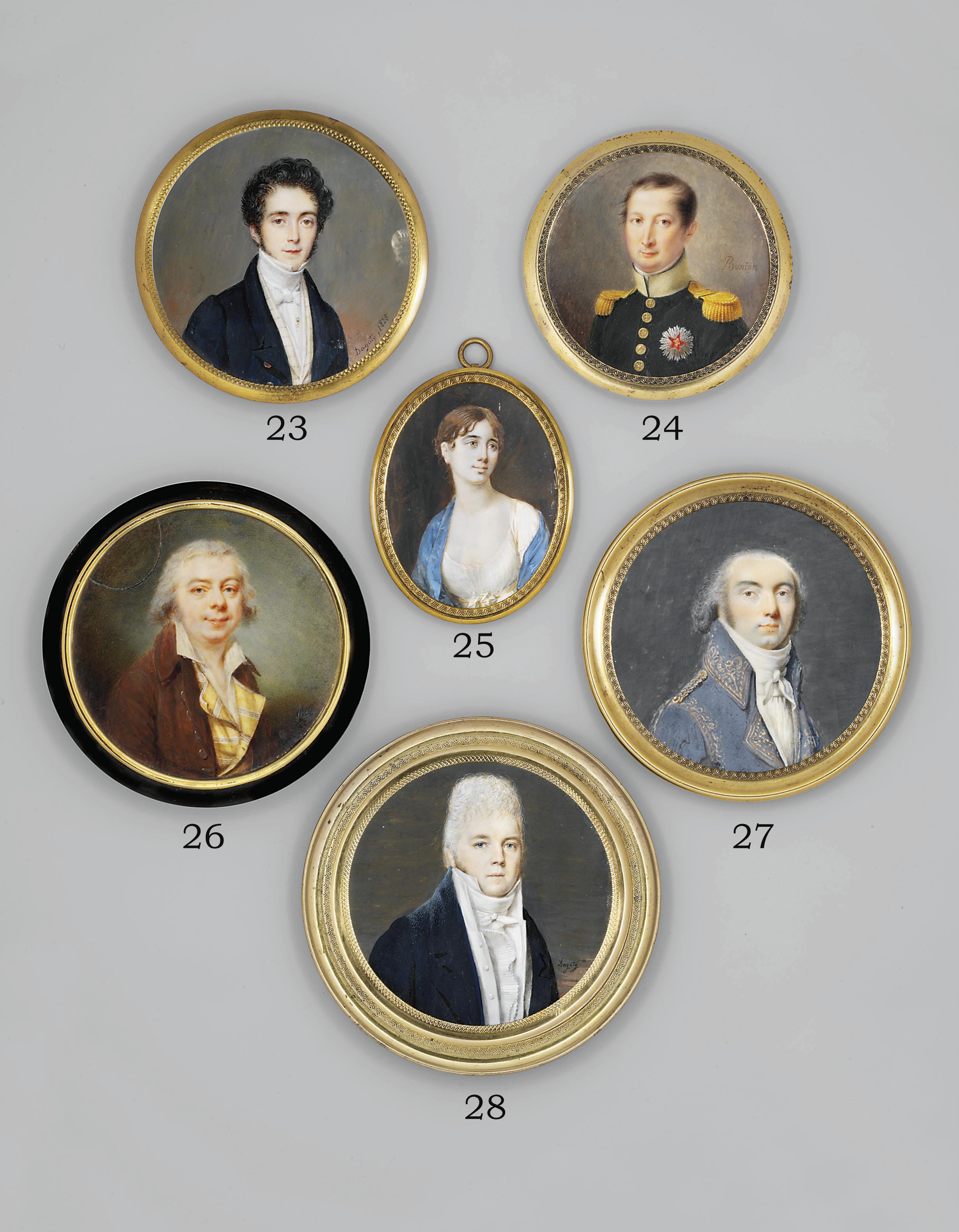 Pierre-Édouard Dagoty - A young gentleman, in dark blue coat, white striped waistcoat and knotted cravat with jewelled gold tie-pin, brown curling hair and sideburns