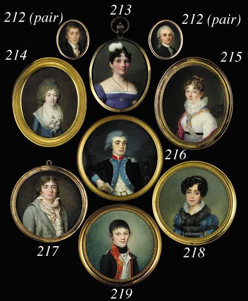 Pierre-Édouard Dagoty - A young lady, full face in fur-bordered blue silk dress with double lace collar, thin hairband in her dark hair dressed in ringlets