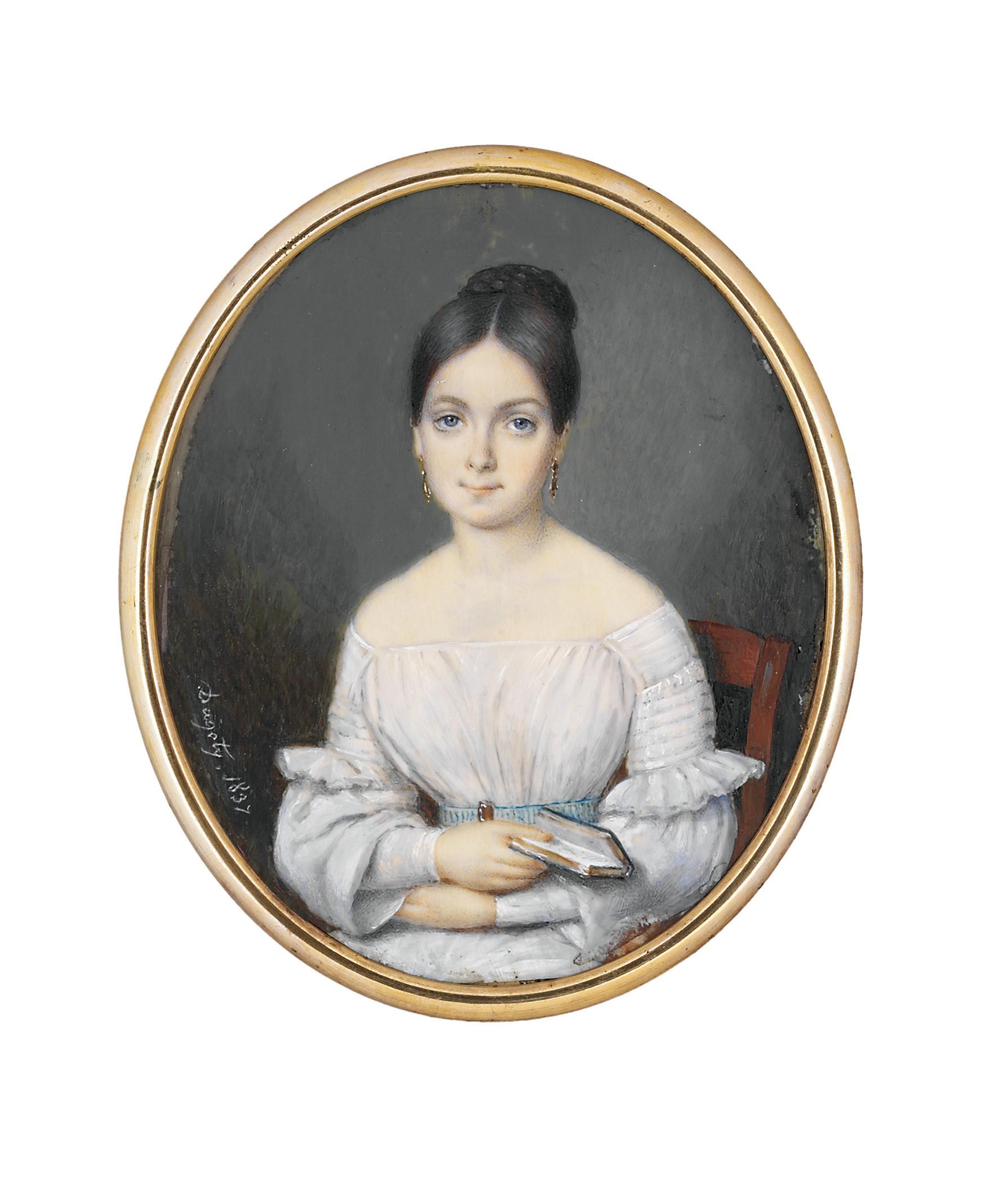 Pierre-Édouard Dagoty - A young lady, seated in white dress with pleated and frilled sleeves, pale blue belt, gold-drop earrings, her dark hair upswept in a plait, holding a small book in her right hand